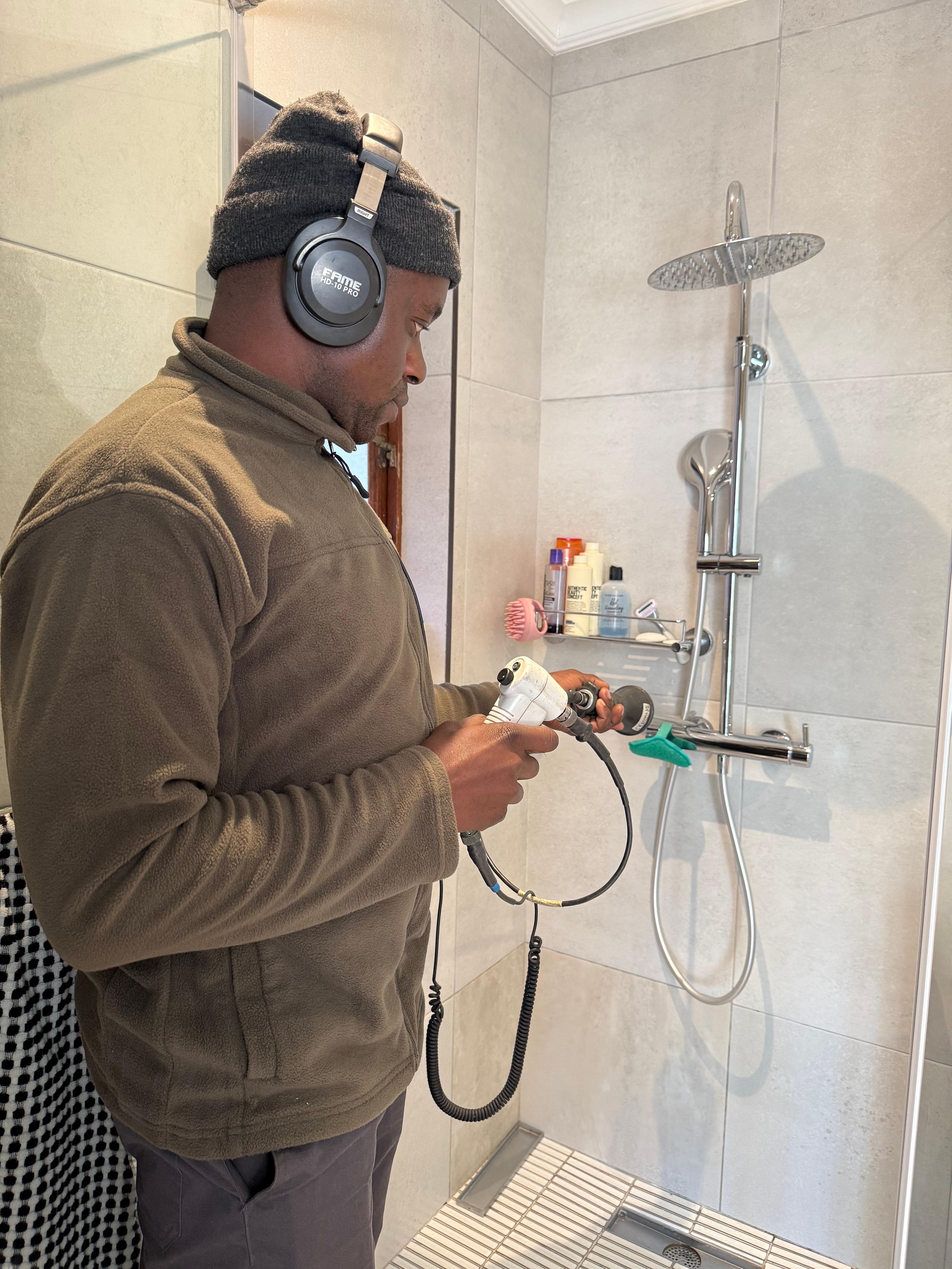 Residential water leak detection acoustic testing shower